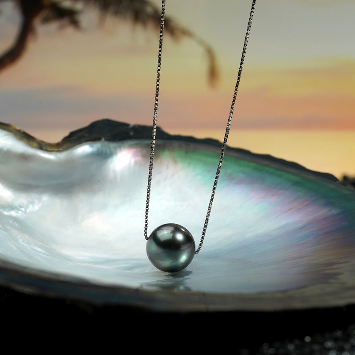 Natural Perfect Circle Strong Light Tahitian Black Pearl Pendant S925 Silver Necklace